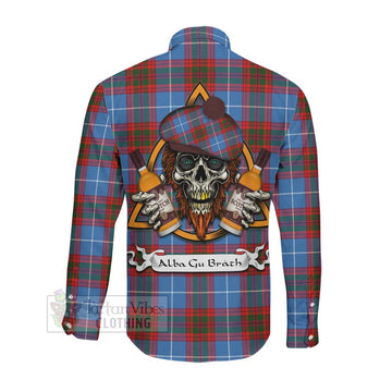 Trotter Tartan Long Sleeve Button Shirt with Family Crest and Bearded Skull Holding Bottles of Whiskey