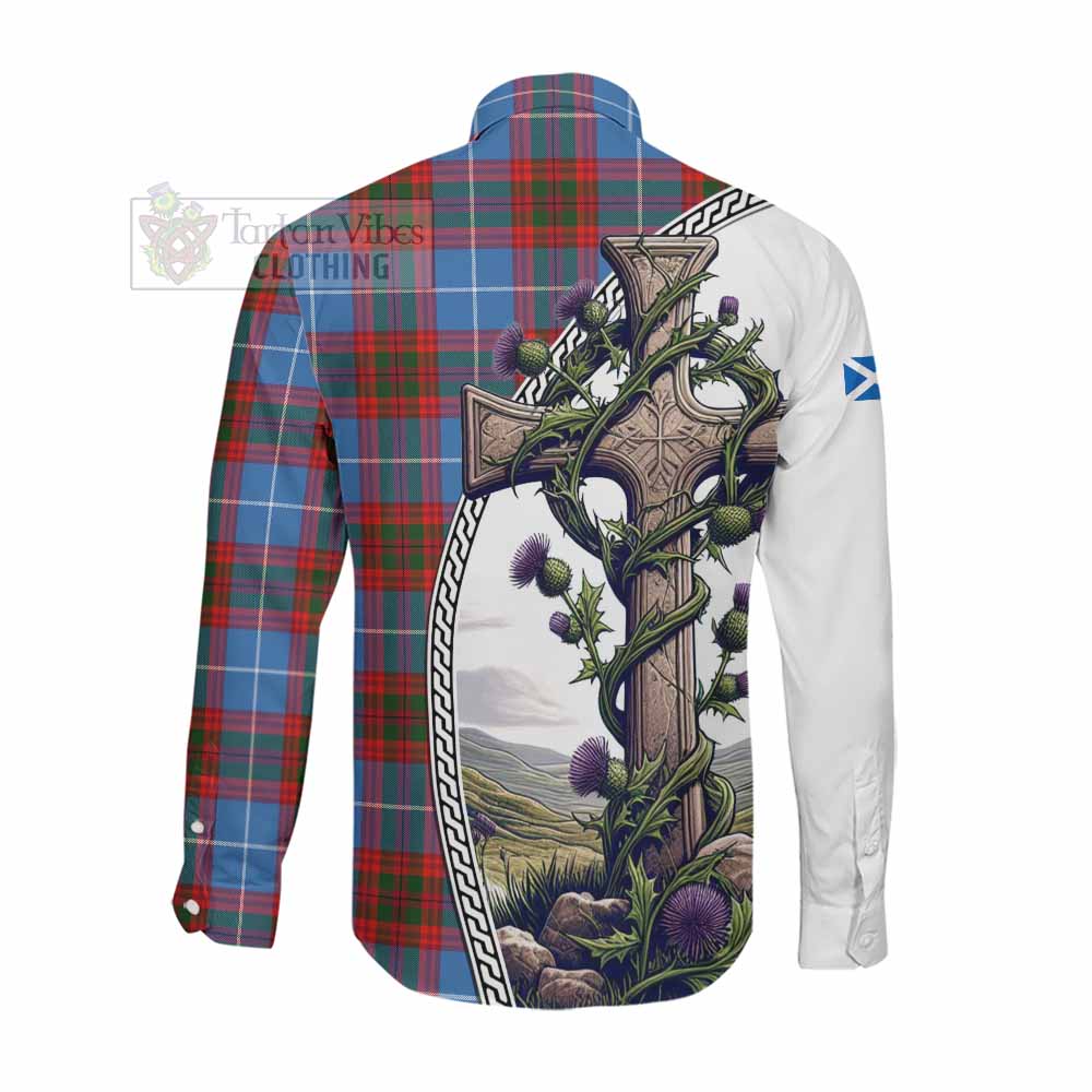 Tartan Vibes Clothing Trotter Tartan Long Sleeve Button Shirt with Family Crest and St. Andrew's Cross Accented by Thistle Vines