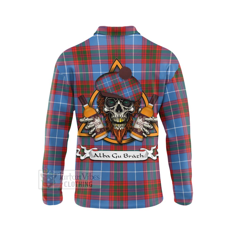 Tartan Vibes Clothing Trotter Tartan Long Sleeve Polo Shirt with Family Crest and Bearded Skull Holding Bottles of Whiskey