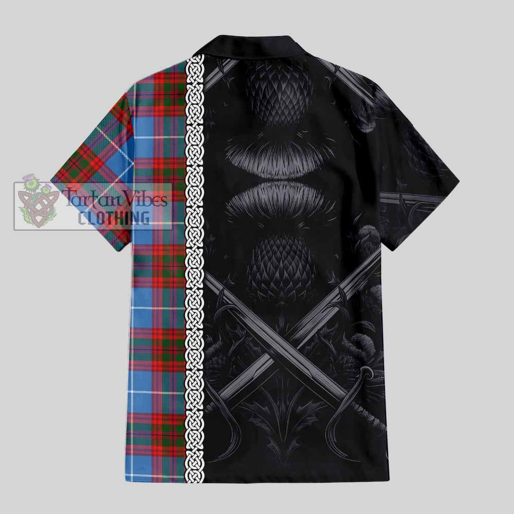 Tartan Vibes Clothing Trotter Tartan Short Sleeve Button Shirt with Family Crest Cross Sword Thistle Celtic Vibes