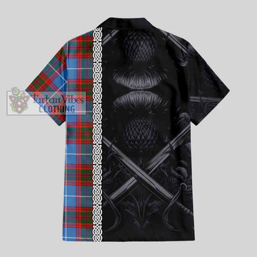 Trotter Tartan Short Sleeve Button Shirt with Family Crest Cross Sword Thistle Celtic Vibes