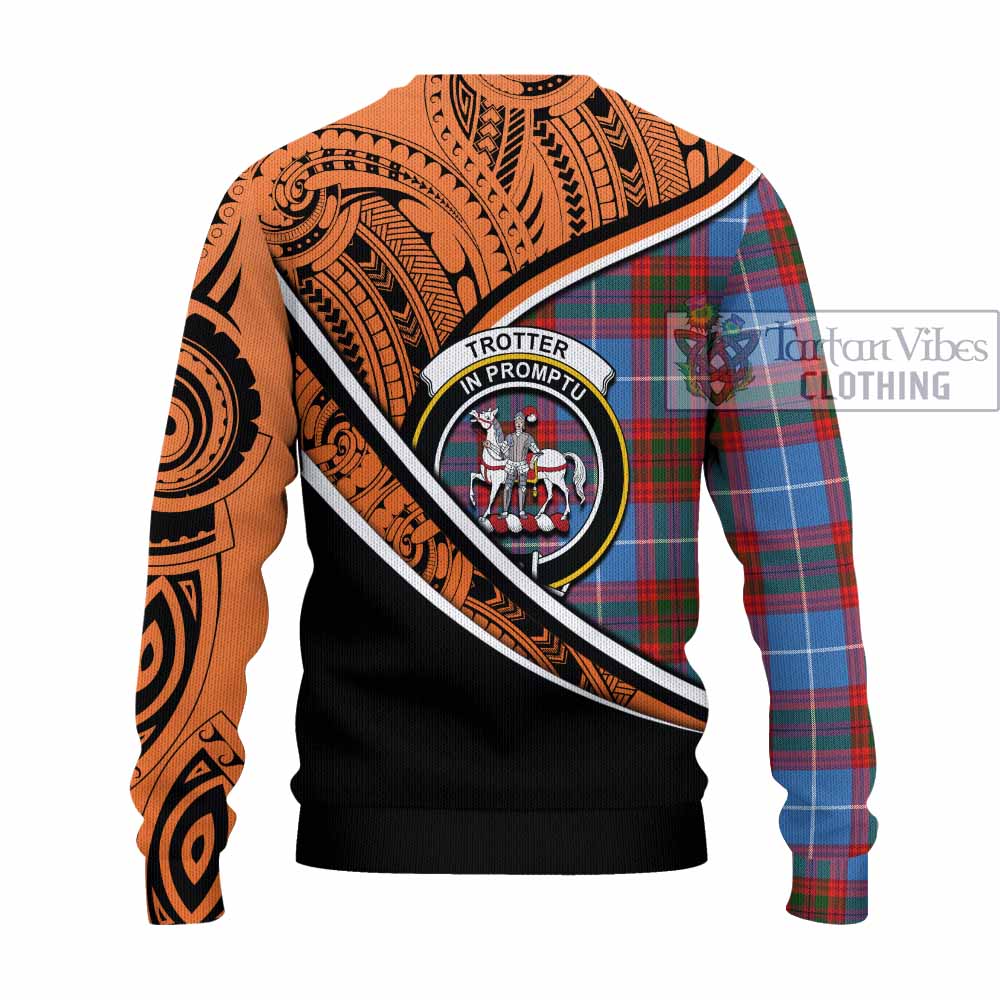 Tartan Vibes Clothing Trotter Crest Tartan Knitted Sweater with Maori Tattoo Style - Orange Version