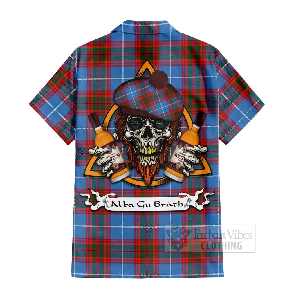 Tartan Vibes Clothing Trotter Tartan Short Sleeve Button Shirt with Family Crest and Bearded Skull Holding Bottles of Whiskey