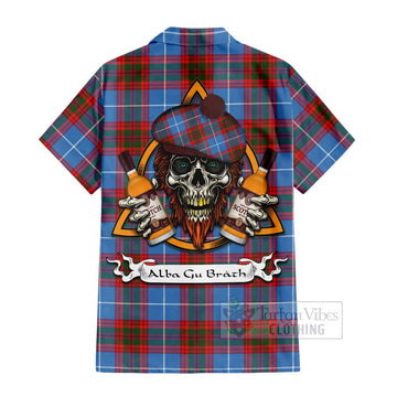 Trotter Tartan Short Sleeve Button Shirt with Family Crest and Bearded Skull Holding Bottles of Whiskey