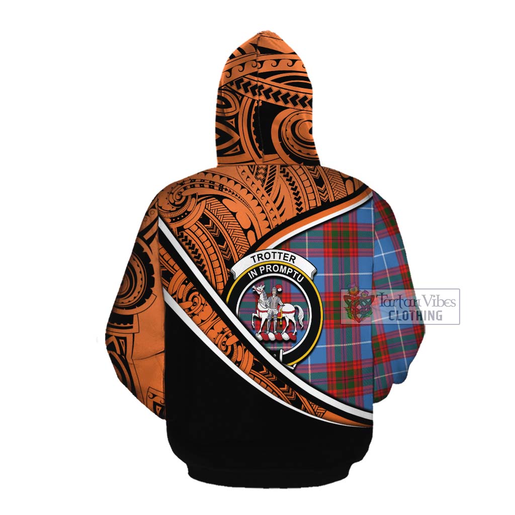 Tartan Vibes Clothing Trotter Crest Tartan Cotton Hoodie with Maori Tattoo Style - Orange Version