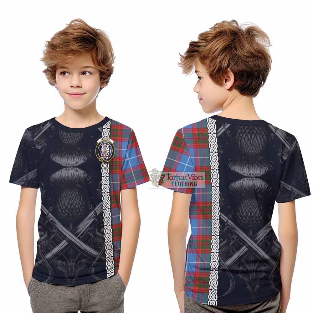 Tartan Vibes Clothing Trotter Tartan Kid T-Shirt with Family Crest Cross Sword Thistle Celtic Vibes