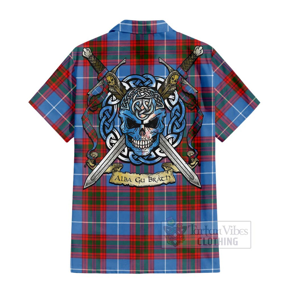 Tartan Vibes Clothing Trotter Tartan Short Sleeve Button Shirt with Family Crest Celtic Skull Style