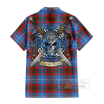 Trotter Tartan Short Sleeve Button Shirt with Family Crest Celtic Skull Style