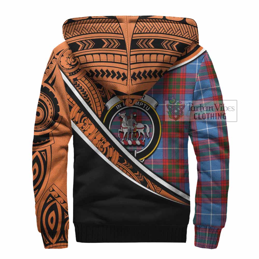 Tartan Vibes Clothing Trotter Crest Tartan Sherpa Hoodie with Maori Tattoo Style - Orange Version