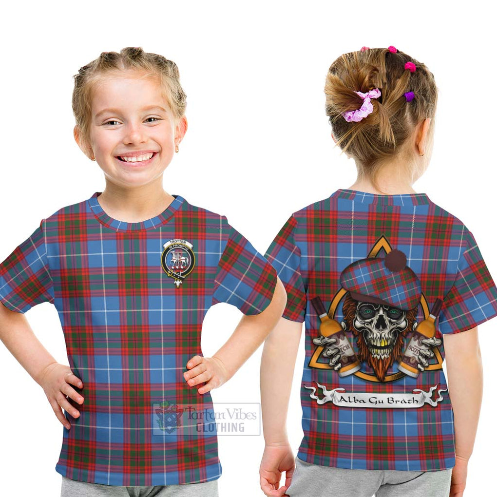 Tartan Vibes Clothing Trotter Tartan Kid T-Shirt with Family Crest and Bearded Skull Holding Bottles of Whiskey