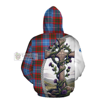 Trotter Tartan Cotton Hoodie with Family Crest and St. Andrew's Cross Accented by Thistle Vines Pullover Hoodie - Tartan Vibes Clothing
