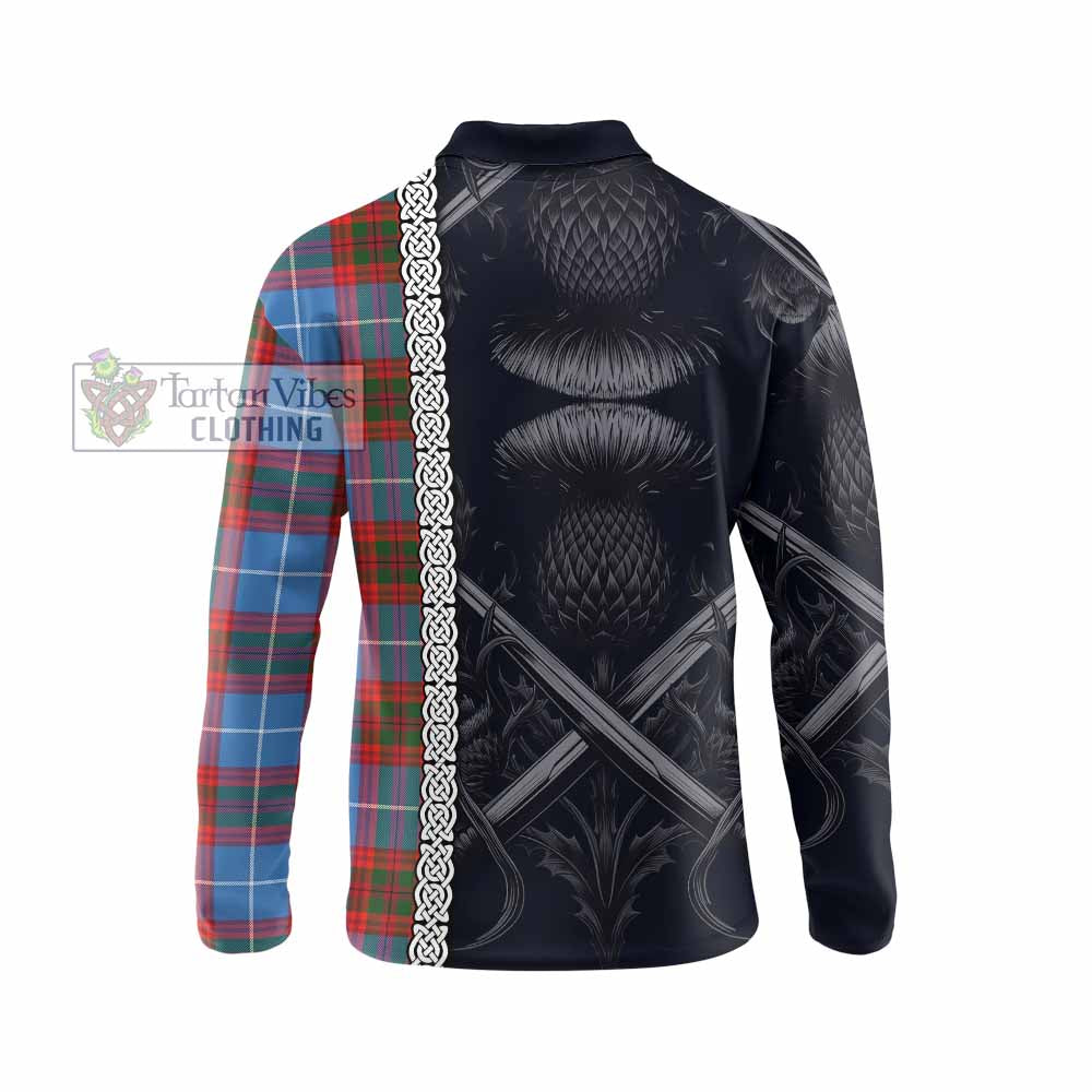 Tartan Vibes Clothing Trotter Tartan Long Sleeve Polo Shirt with Family Crest Cross Sword Thistle Celtic Vibes