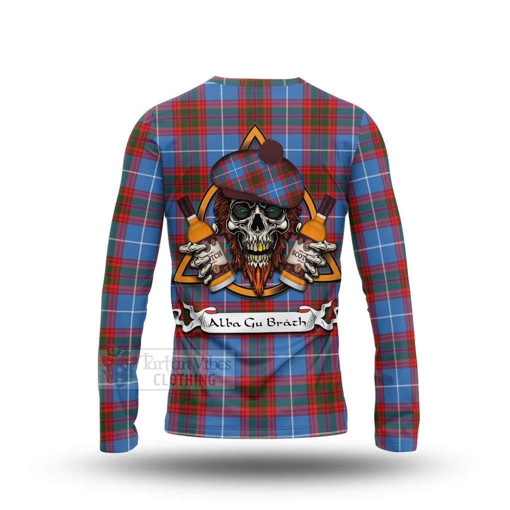 Tartan Vibes Clothing Trotter Tartan Long Sleeve T-Shirt with Family Crest and Bearded Skull Holding Bottles of Whiskey