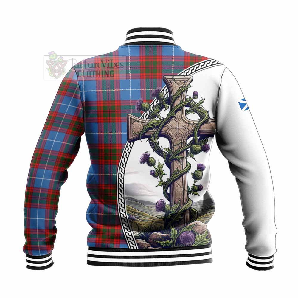 Tartan Vibes Clothing Trotter Tartan Baseball Jacket with Family Crest and St. Andrew's Cross Accented by Thistle Vines