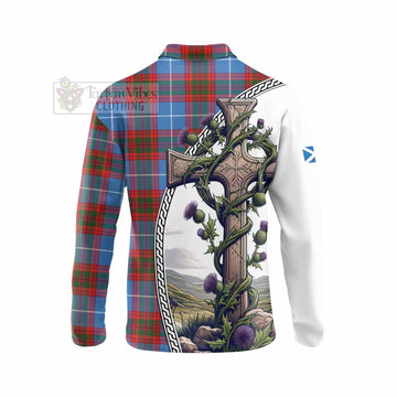 Trotter Tartan Long Sleeve Polo Shirt with Family Crest and St. Andrew's Cross Accented by Thistle Vines