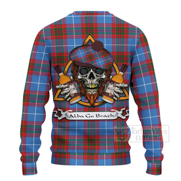 Trotter Tartan Ugly Sweater with Family Crest and Bearded Skull Holding Bottles of Whiskey