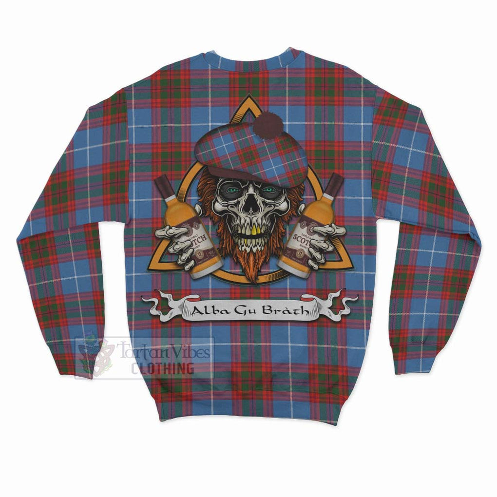 Tartan Vibes Clothing Trotter Tartan Sweatshirt with Family Crest and Bearded Skull Holding Bottles of Whiskey