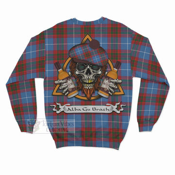 Trotter Tartan Sweatshirt with Family Crest and Bearded Skull Holding Bottles of Whiskey