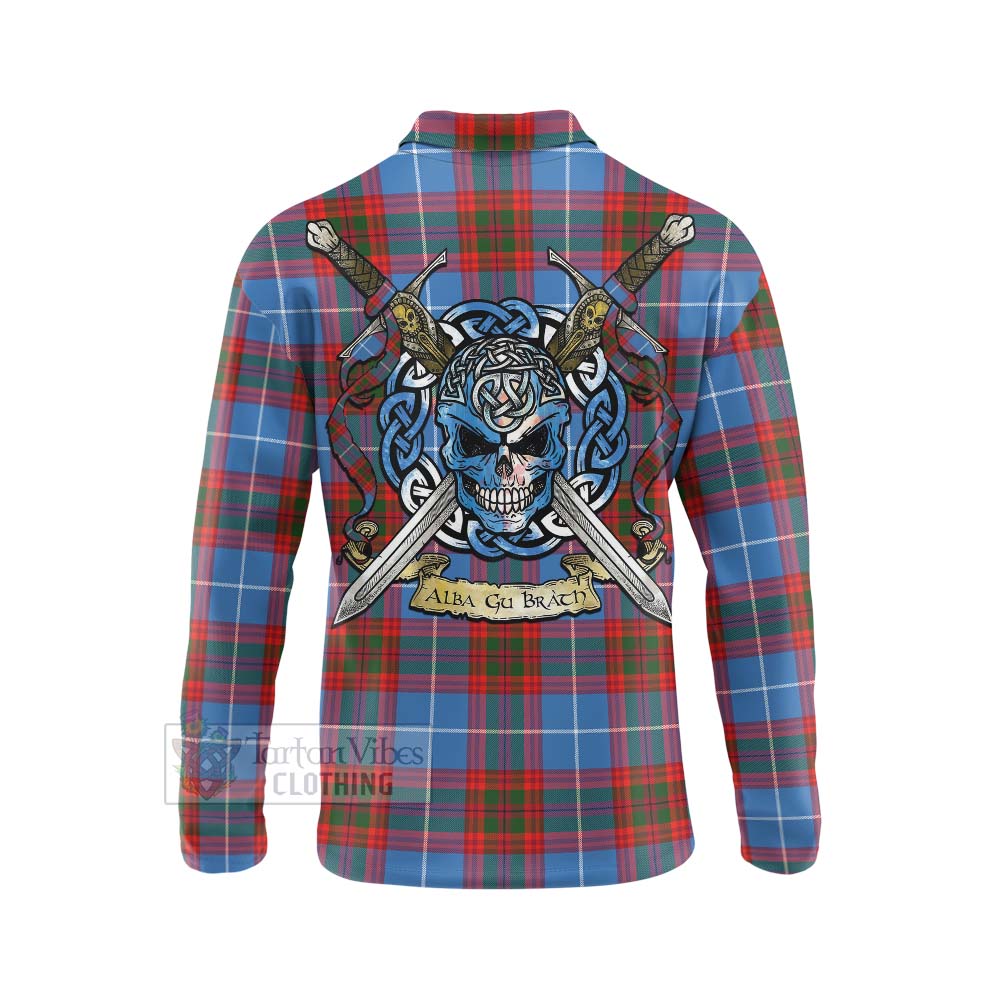 Tartan Vibes Clothing Trotter Tartan Long Sleeve Polo Shirt with Family Crest Celtic Skull Style