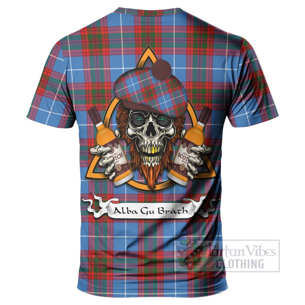 Tartan Vibes Clothing Trotter Tartan T-Shirt with Family Crest and Bearded Skull Holding Bottles of Whiskey