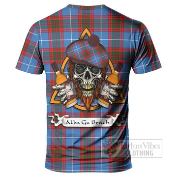 Trotter Tartan T-Shirt with Family Crest and Bearded Skull Holding Bottles of Whiskey