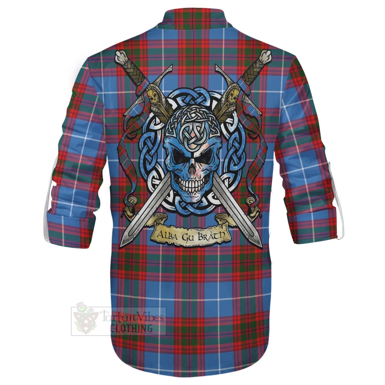 Tartan Vibes Clothing Trotter Tartan Ghillie Kilt Shirt with Family Crest Celtic Skull Style