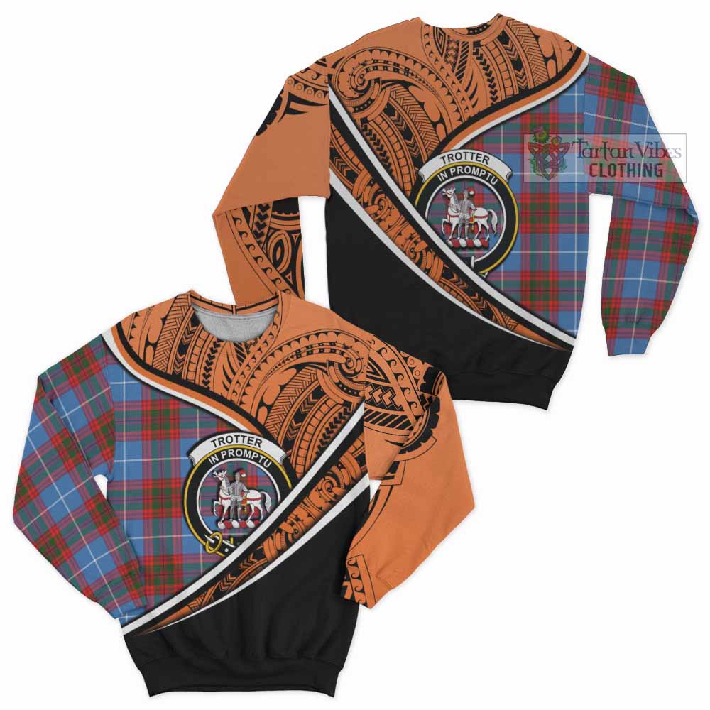 Tartan Vibes Clothing Trotter Crest Tartan Sweatshirt with Maori Tattoo Style - Orange Version