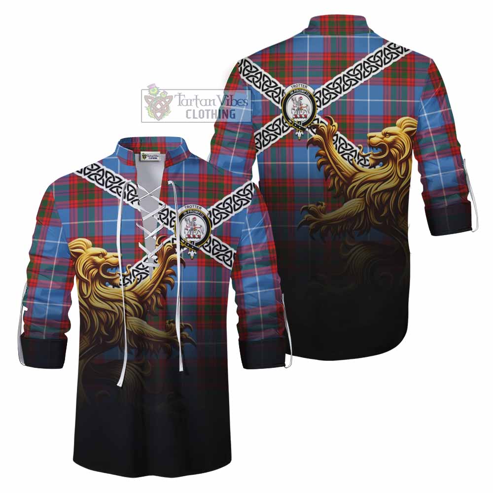 Trotter Crest Tartan Ghillie Kilt Shirt with Golden Lion Emblem Celtic Style - Tartan Vibes Clothing