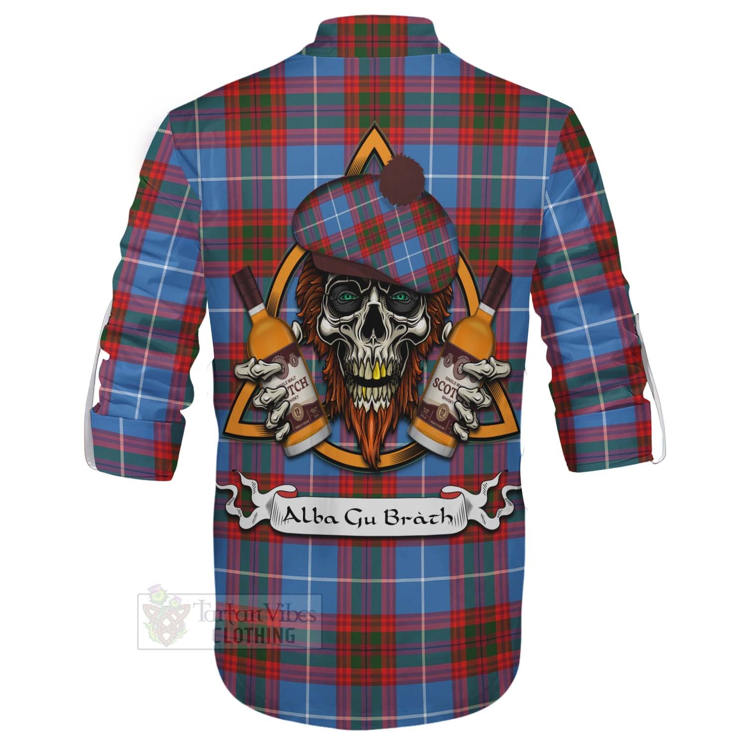 Tartan Vibes Clothing Trotter Tartan Ghillie Kilt Shirt with Family Crest and Bearded Skull Holding Bottles of Whiskey