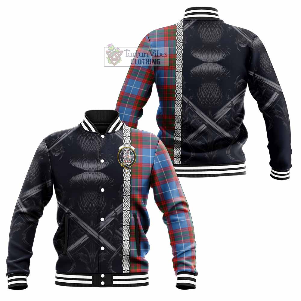 Tartan Vibes Clothing Trotter Tartan Baseball Jacket with Family Crest Cross Sword Thistle Celtic Vibes