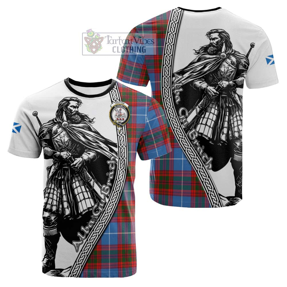 Trotter Tartan Clan Crest Cotton T-shirt with Highlander Warrior Celtic Style