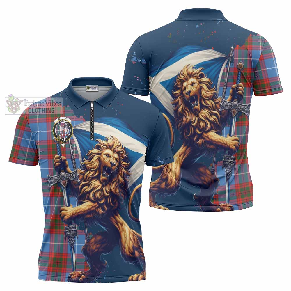 Tartan Vibes Clothing Trotter Tartan Family Crest Zipper Polo Shirt with Scottish Majestic Lion