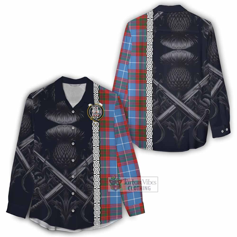 Tartan Vibes Clothing Trotter Tartan Women's Casual Shirt with Family Crest Cross Sword Thistle Celtic Vibes