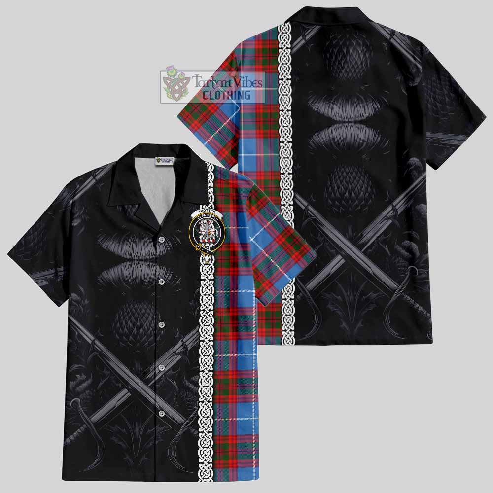 Tartan Vibes Clothing Trotter Tartan Short Sleeve Button Shirt with Family Crest Cross Sword Thistle Celtic Vibes