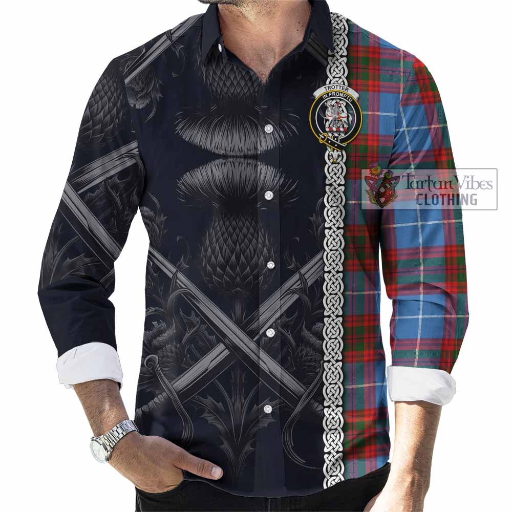 Tartan Vibes Clothing Trotter Tartan Long Sleeve Button Shirt with Family Crest Cross Sword Thistle Celtic Vibes