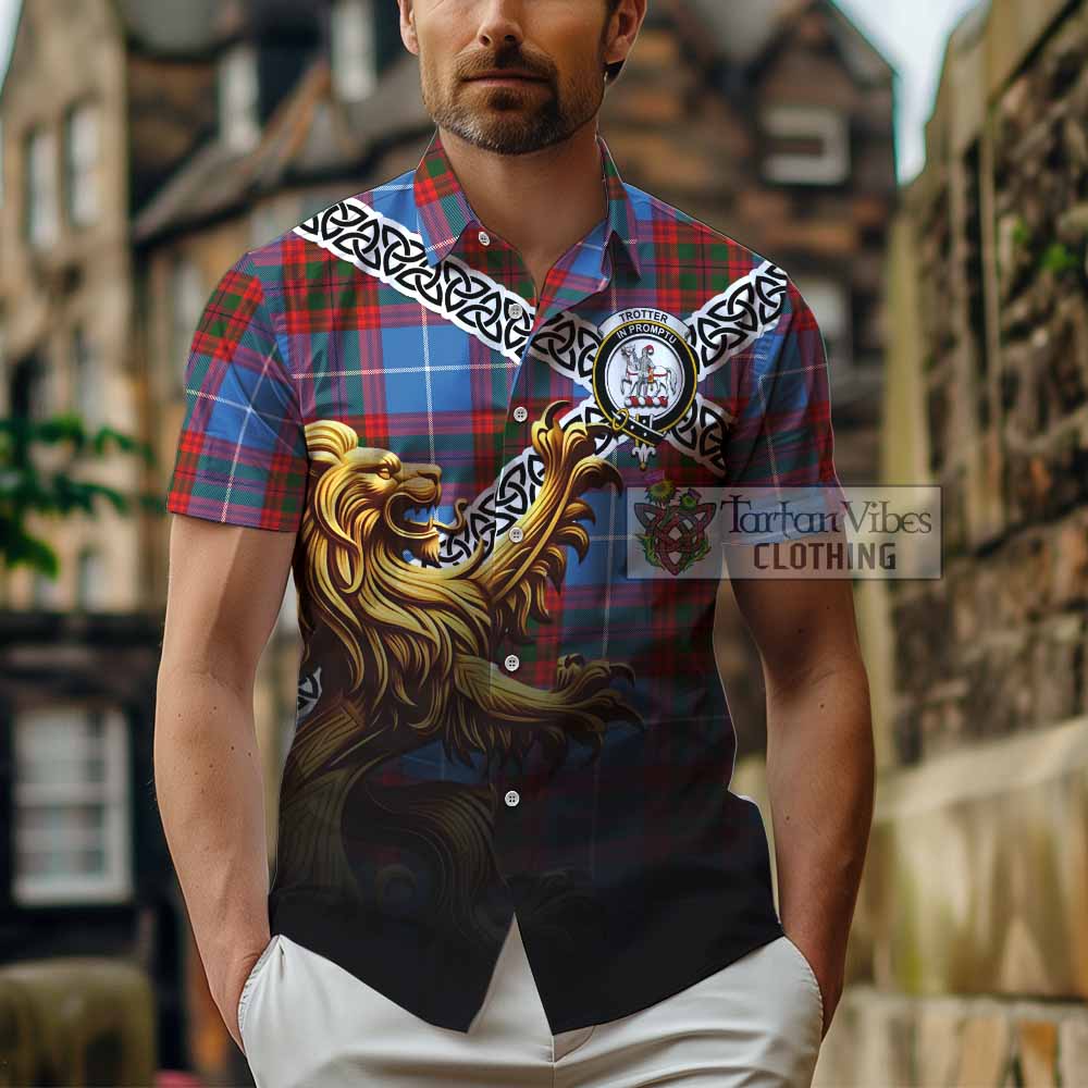 Trotter Crest Tartan Hawaiian Shirt with Golden Lion Emblem Celtic Style - Tartan Vibes Clothing