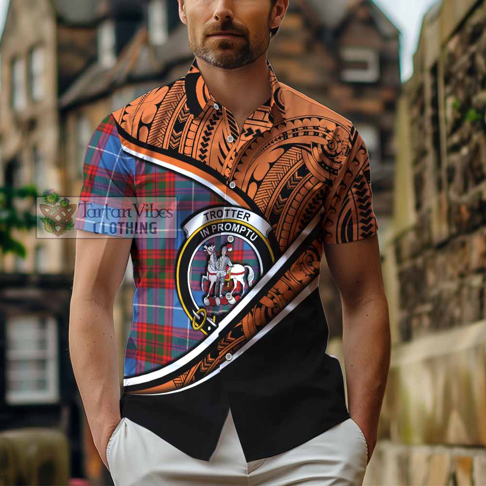 Tartan Vibes Clothing Trotter Crest Tartan Short Sleeve Button Shirt with Maori Tattoo Style - Orange Version