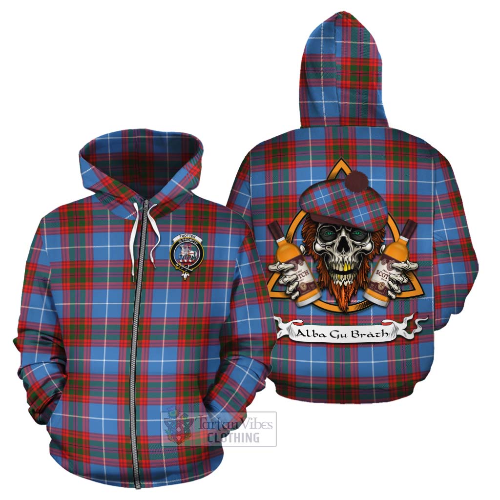 Tartan Vibes Clothing Trotter Tartan Cotton Hoodie with Family Crest and Bearded Skull Holding Bottles of Whiskey