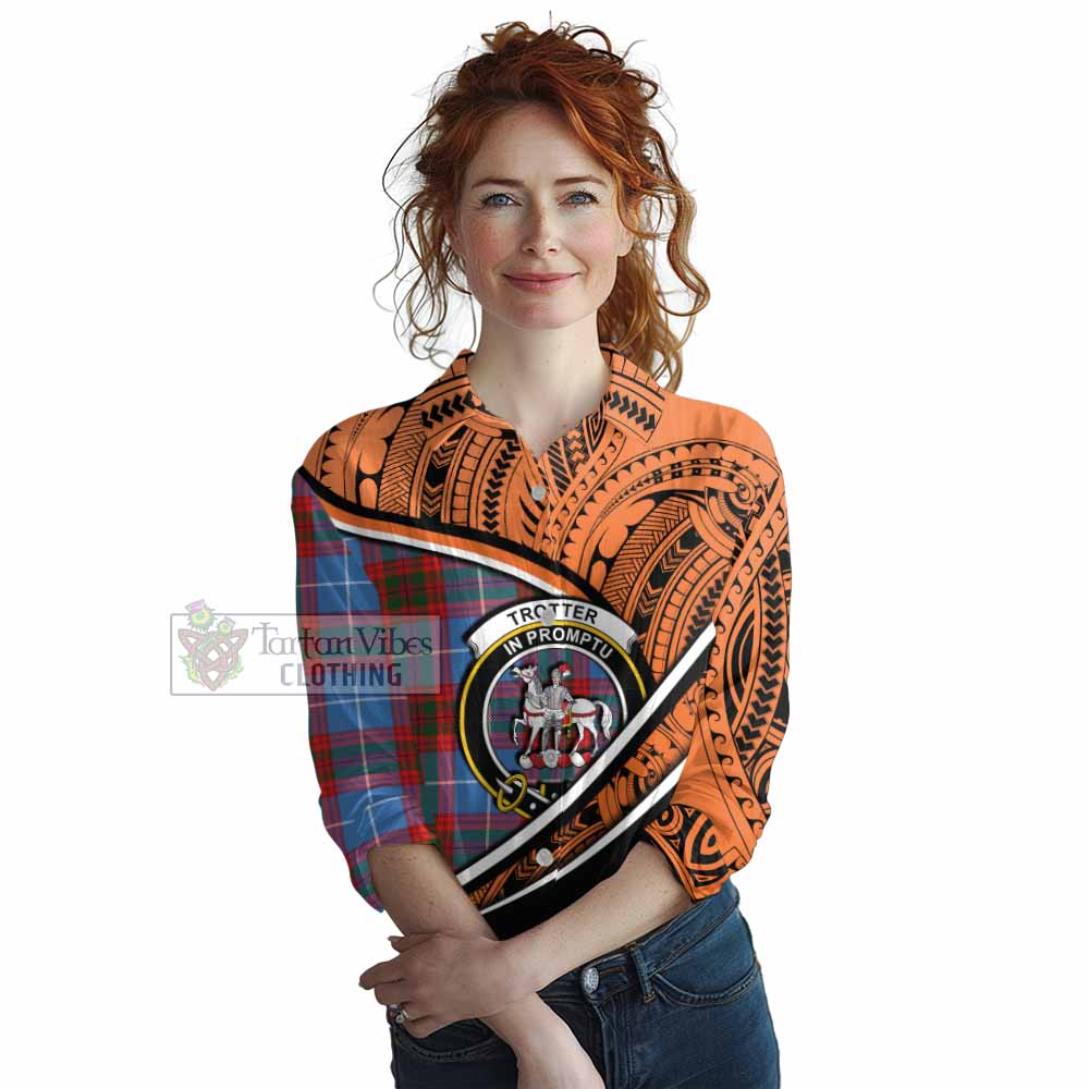 Tartan Vibes Clothing Trotter Crest Tartan Women's Casual Shirt with Maori Tattoo Style - Orange Version