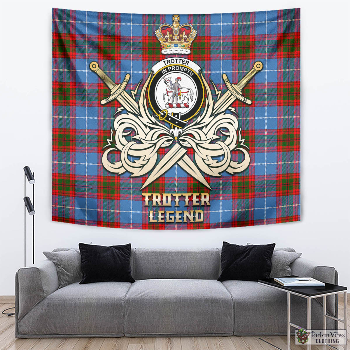 Tartan Vibes Clothing Trotter Tartan Tapestry with Clan Crest and the Golden Sword of Courageous Legacy