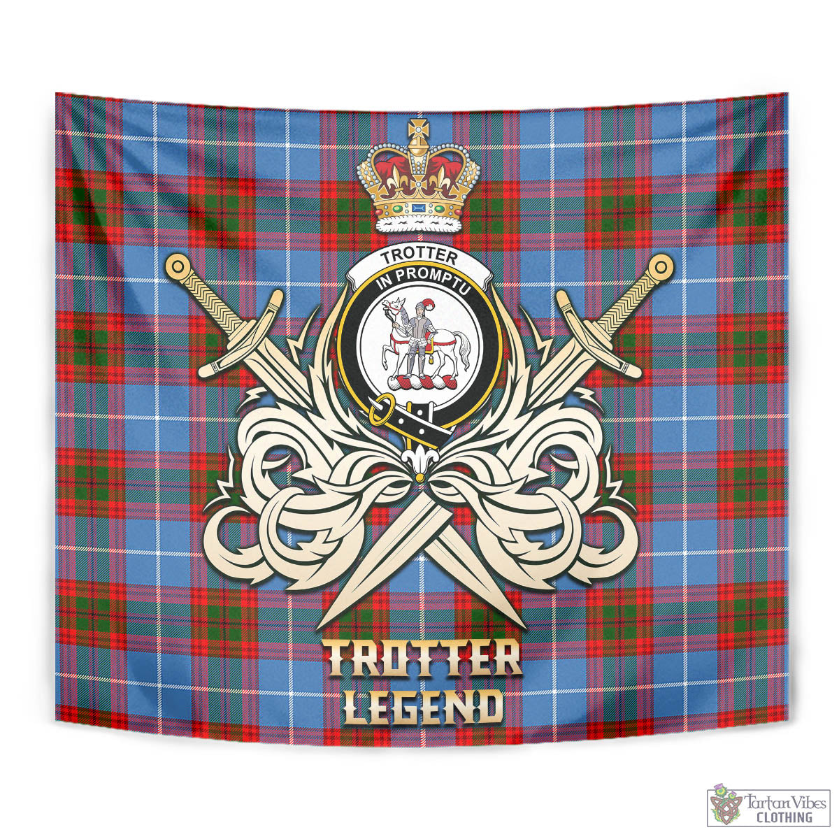 Tartan Vibes Clothing Trotter Tartan Tapestry with Clan Crest and the Golden Sword of Courageous Legacy