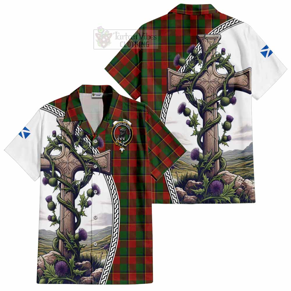 Tartan Vibes Clothing Turnbull Tartan Short Sleeve Button Shirt with Family Crest and St. Andrew's Cross Accented by Thistle Vines