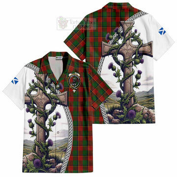 Turnbull Tartan Short Sleeve Button Shirt with Family Crest and St. Andrew's Cross Accented by Thistle Vines