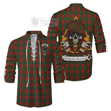 Turnbull Tartan Ghillie Kilt Shirt with Family Crest and Bearded Skull Holding Bottles of Whiskey