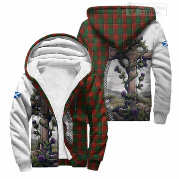 Turnbull Tartan Sherpa Hoodie with Family Crest and St. Andrew's Cross Accented by Thistle Vines