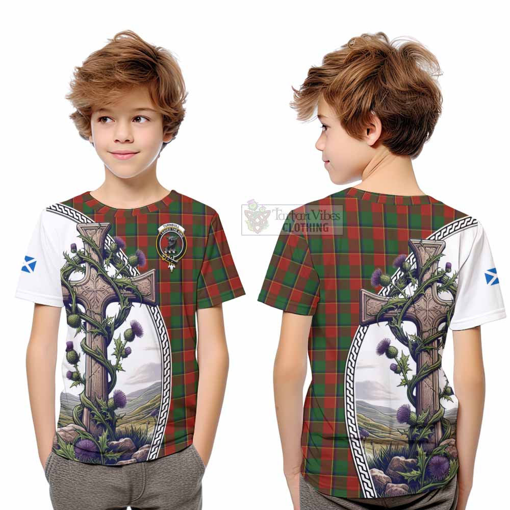 Tartan Vibes Clothing Turnbull Tartan Kid T-Shirt with Family Crest and St. Andrew's Cross Accented by Thistle Vines