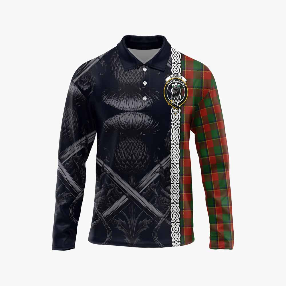 Tartan Vibes Clothing Turnbull Tartan Long Sleeve Polo Shirt with Family Crest Cross Sword Thistle Celtic Vibes