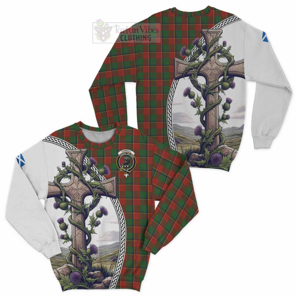 Tartan Vibes Clothing Turnbull Tartan Sweatshirt with Family Crest and St. Andrew's Cross Accented by Thistle Vines