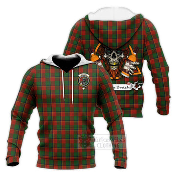 Turnbull Tartan Knitted Hoodie with Family Crest and Bearded Skull Holding Bottles of Whiskey