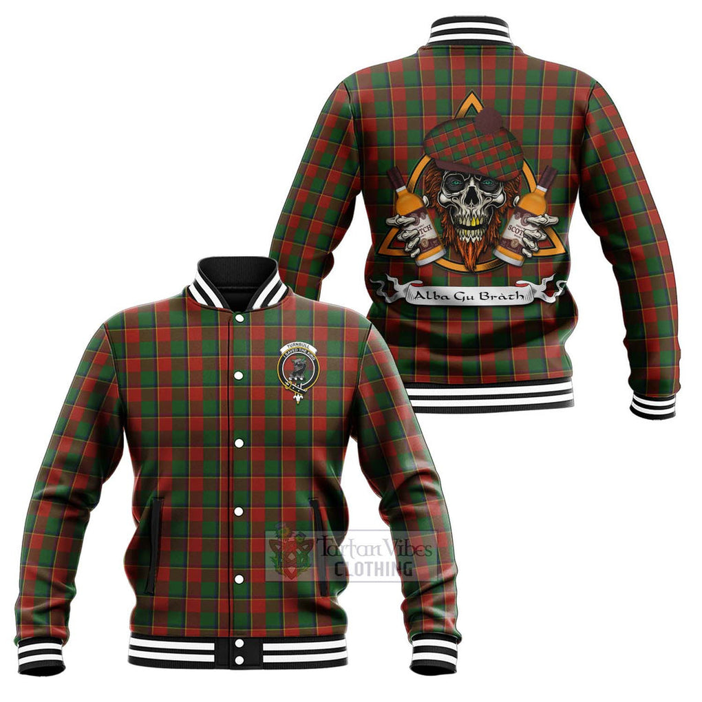 Tartan Vibes Clothing Turnbull Tartan Baseball Jacket with Family Crest and Bearded Skull Holding Bottles of Whiskey